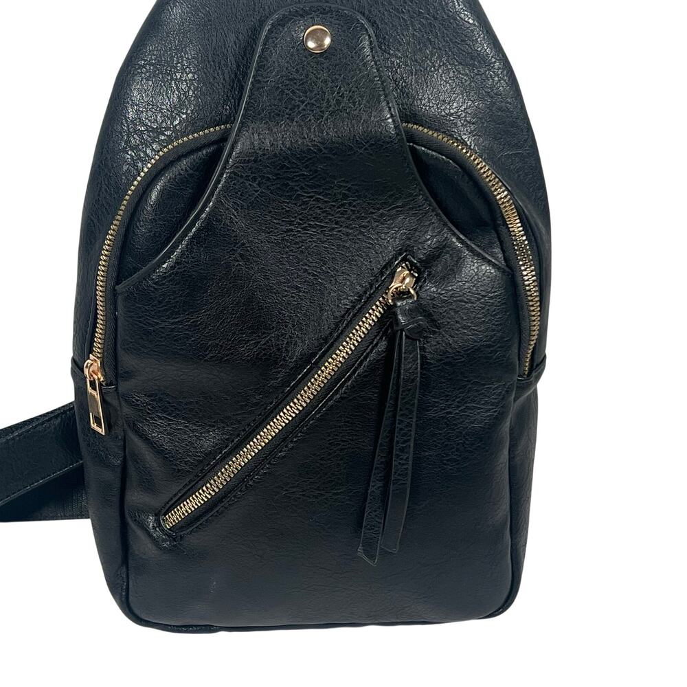 Black Faux Leather Crossbody Sling Bag Adj Strap Snap Zippered Open Storage